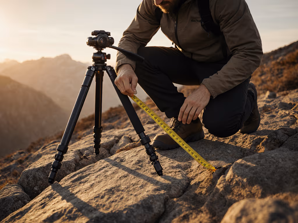photographer_checking_tripod_height_with_measuring_tape_on_uneven_terrain