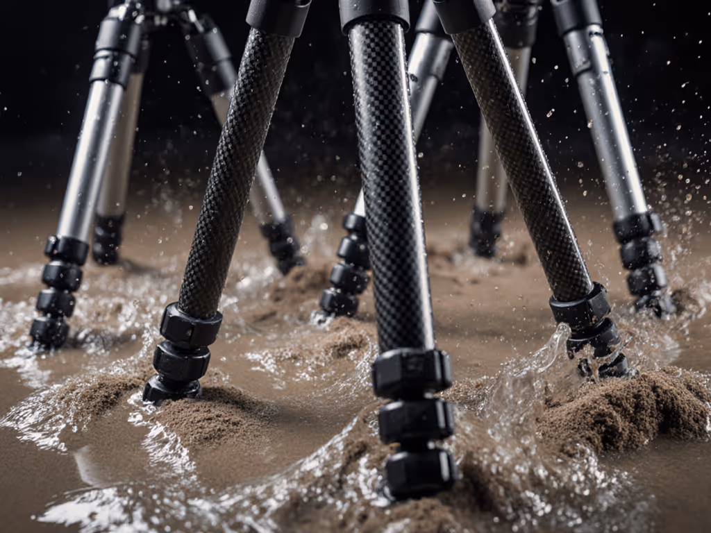 weather_resistance_testing_setup_showing_tripod_legs_submerged_in_water_and_sand